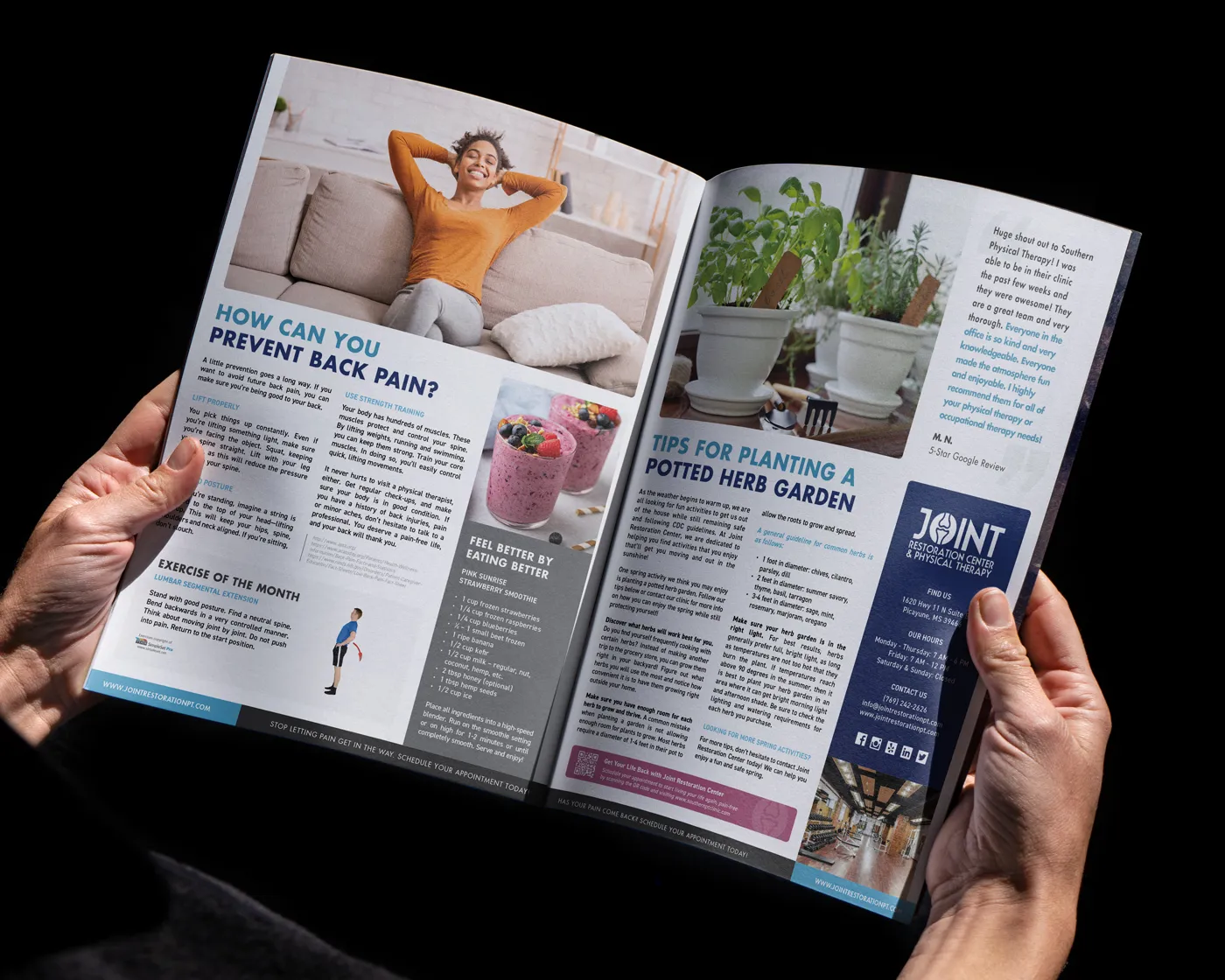 A person holds an open magazine featuring a two-page health and wellness spread. The left page highlights tips on preventing back pain, a featured exercise of the month, and a smoothie recipe. The right page includes gardening tips, a patient testimonial, and a Joint Restoration Center & Physical Therapy ad with contact info.