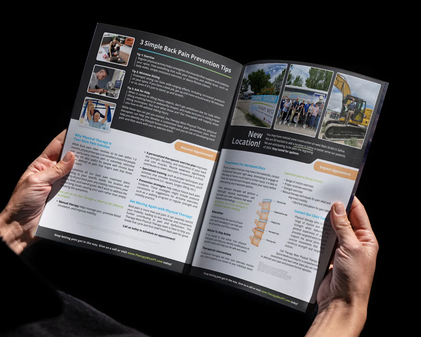 Hands holding a magazine open to a two-page spread. The left page features three simple back pain prevention tips with accompanying photos and descriptions. The right page includes a “New Location!” announcement for Therapy West, with photos of the construction site, team members with shovels, and an excavator. Additional content highlights treatment for herniated discs and back pain solutions.