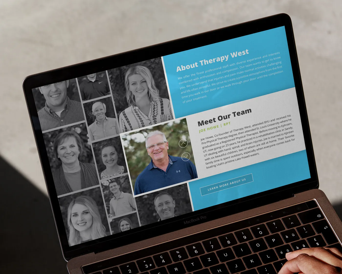 A laptop displaying the Therapy West website featuring a team member spotlight for Joe Howe, RPT, with a headshot and bio. The left side shows a black-and-white collage of team member portraits, while the right side highlights a blue and white section titled "About Therapy West" and "Meet Our Team."